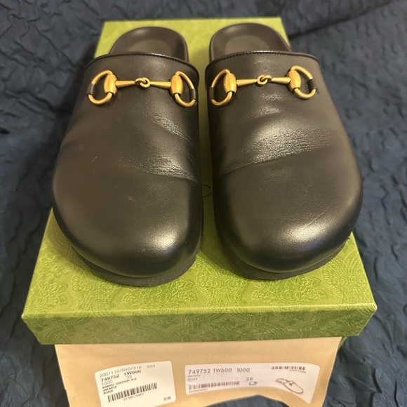 Gucci Shoes - Gucci Black Leather Mules with Gold Hardware